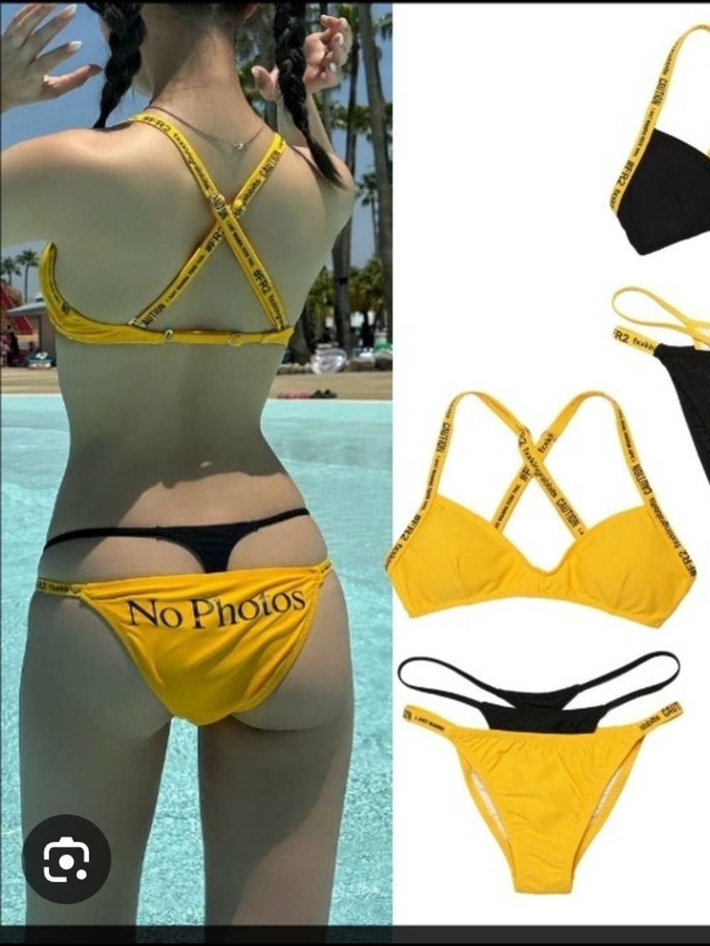 #FR2 Fxxkingrabbits designer S Yellow and Black 'No Photos' Two-Piece Bikini Set
